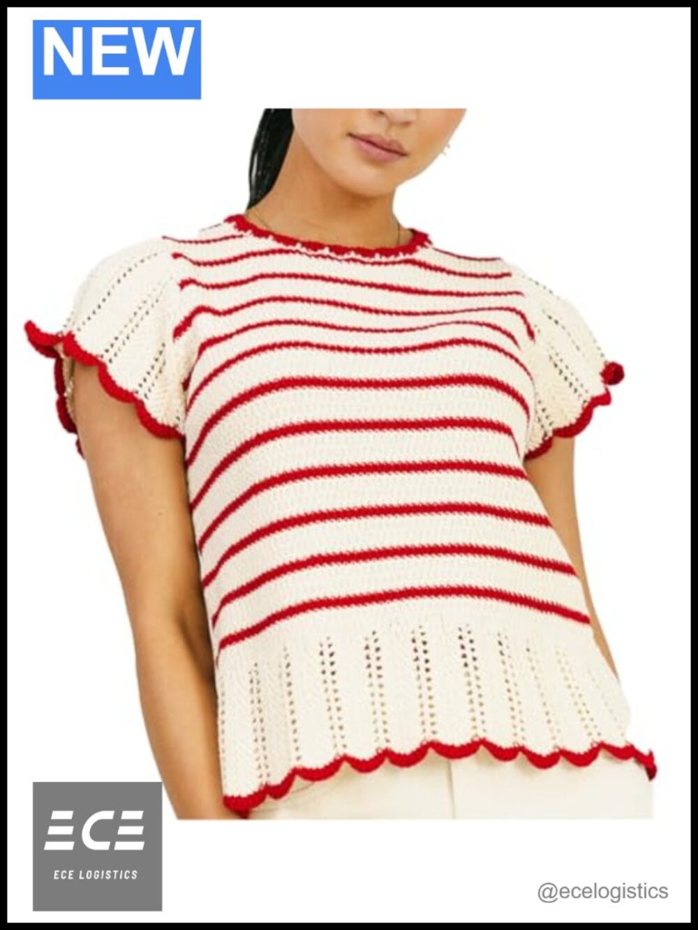 Women's Striped Crochet Knit Sweater Vest Cap Sleeve Ruffle Crop Top